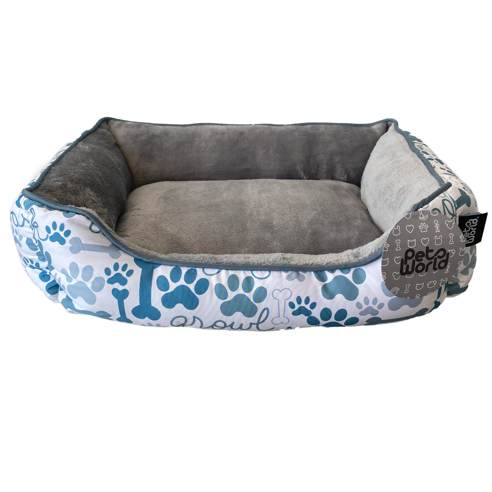 CAMA PARA MASCOTA RECTANGULAR DISEÑO PATITAS COLOR AZUL 50X40X15CM