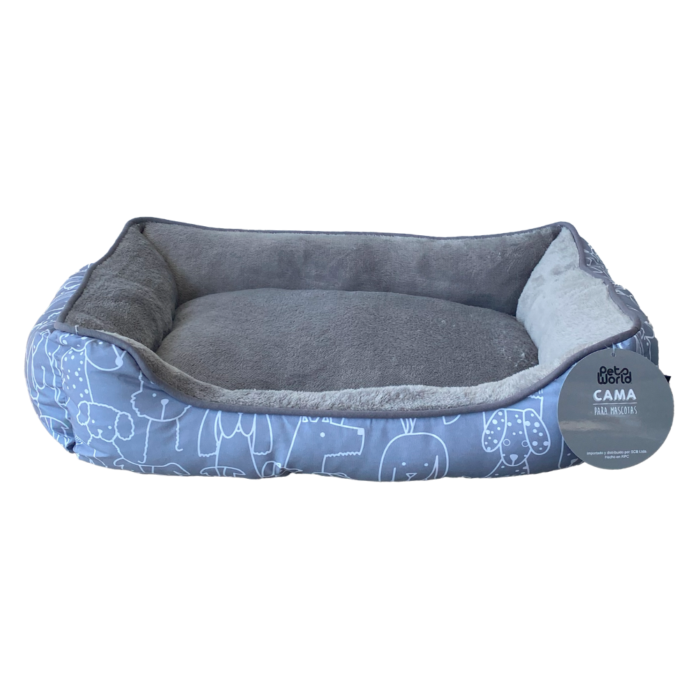 CAMA PARA MASCOTA RECTANGULAR DISEÑO PERRITOS COLOR GRIS 50x40x15CM