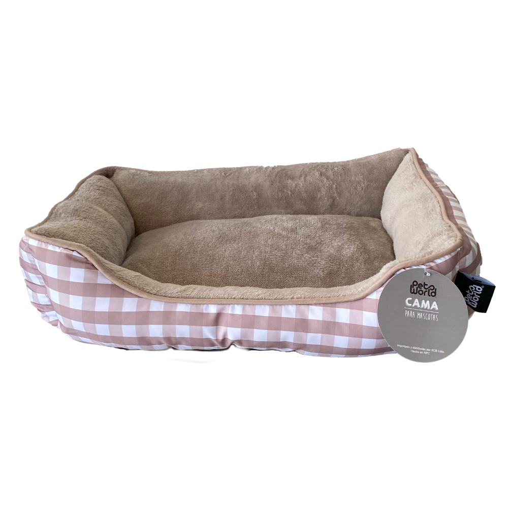 CAMA PARA MASCOTA RECTANGULAR DISEÑO CUADROS COLOR CAFÉ 50X40X15CM