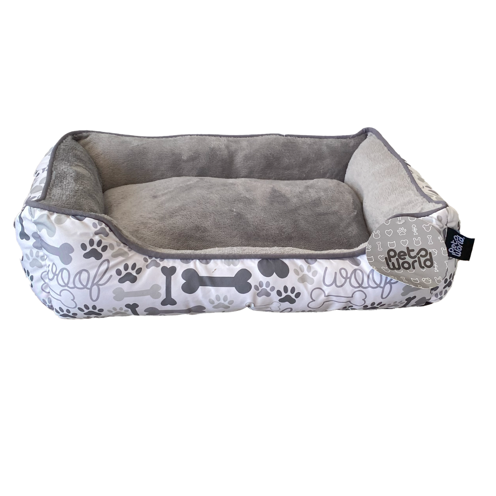 CAMA PARA MASCOTA RECTANGULAR DISEÑO PATITAS COLOR GRIS 50X40X15CM