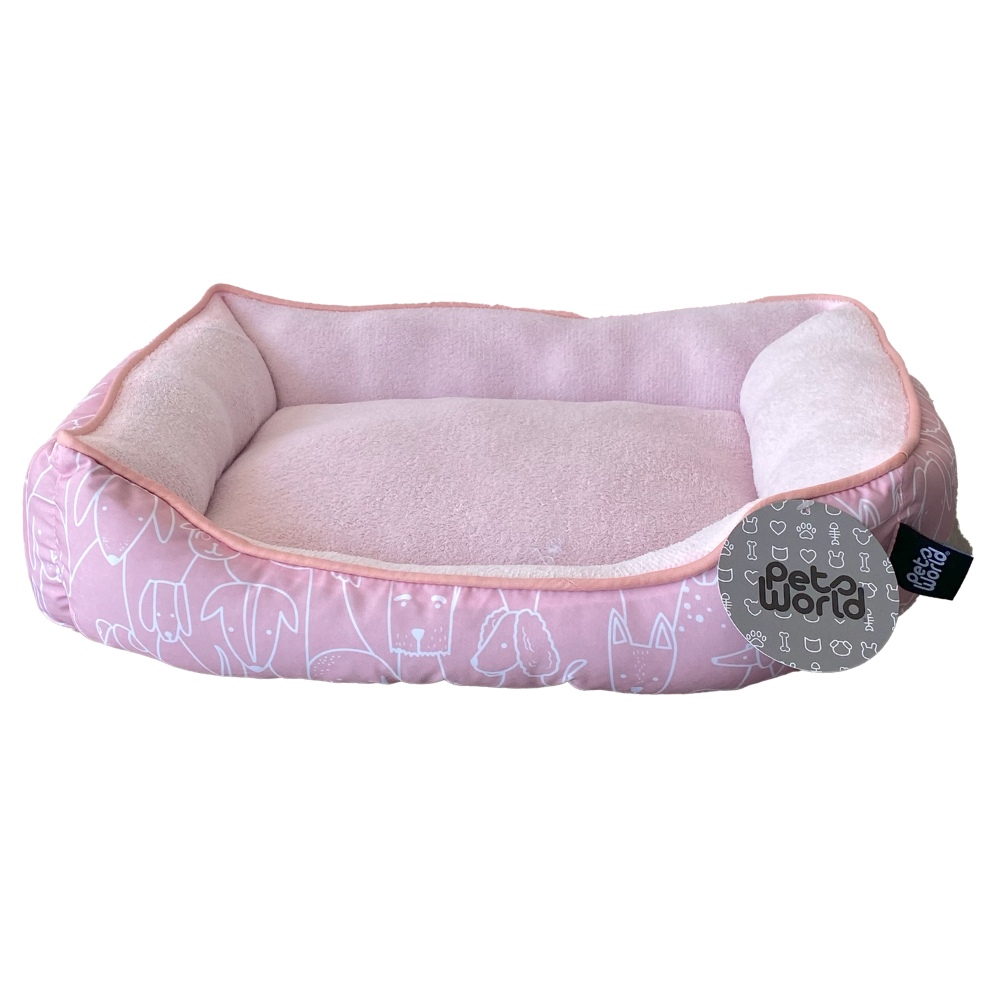 CAMA PARA MASCOTA RECTANGULAR DISEÑO PERRITOS COLOR ROSA 50x40x15CM