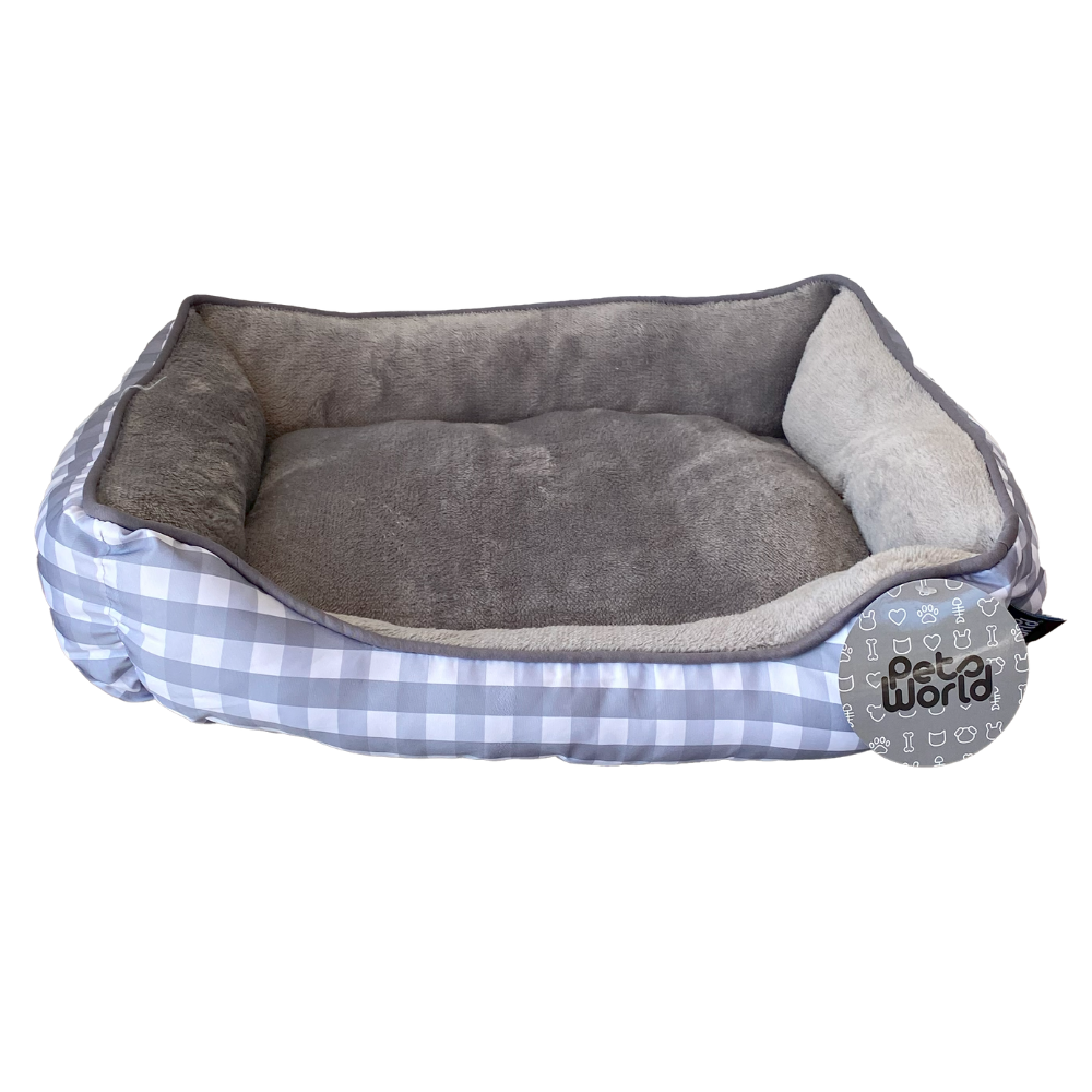 CAMA PARA MASCOTA RECTANGULAR DISEÑO CUADROS COLOR GRIS 50X40X15CM