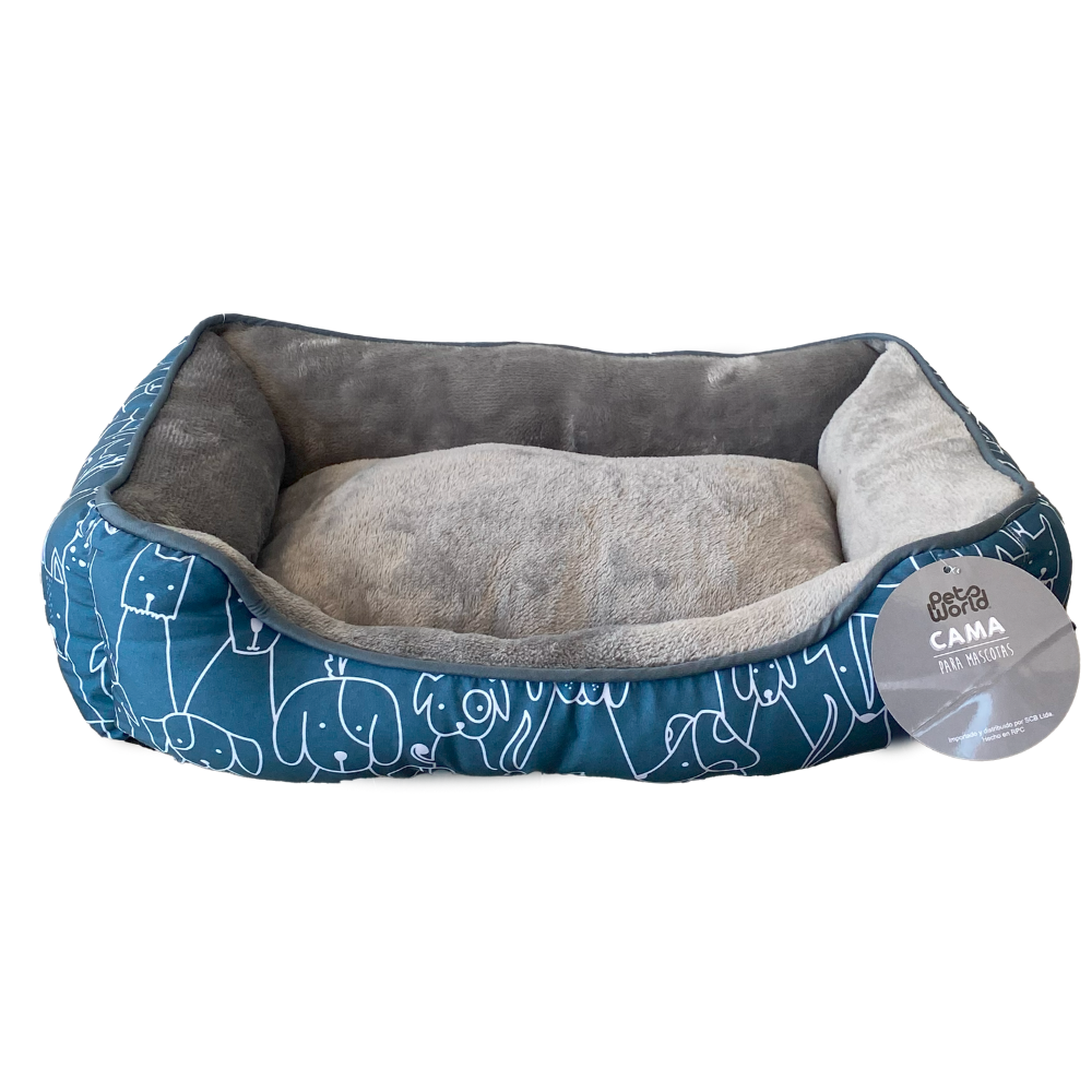 CAMA PARA MASCOTA RECTANGULAR DISEÑO PERRITOS COLOR AZUL 50x40x15CM