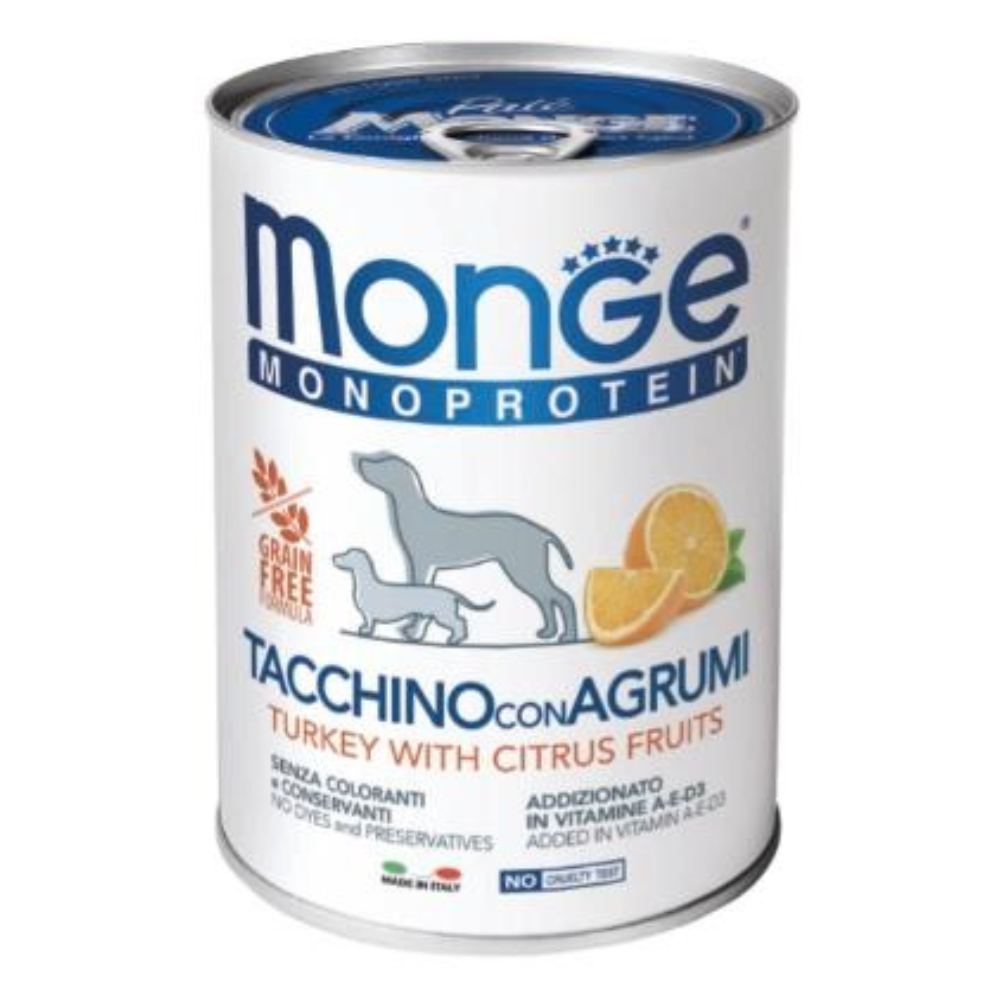 LATA MONGE PERRO PAVO CON FRUTAS CITRICAS 400GR