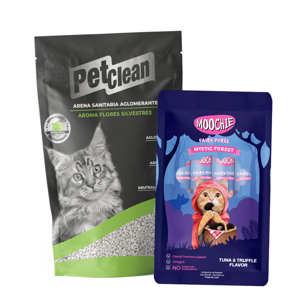 PACK ARENA PETCLEAN PERFUMADA 10KG + 1 MOOCHIE TUBO GATO TUNA Y TRUFA 75 GR