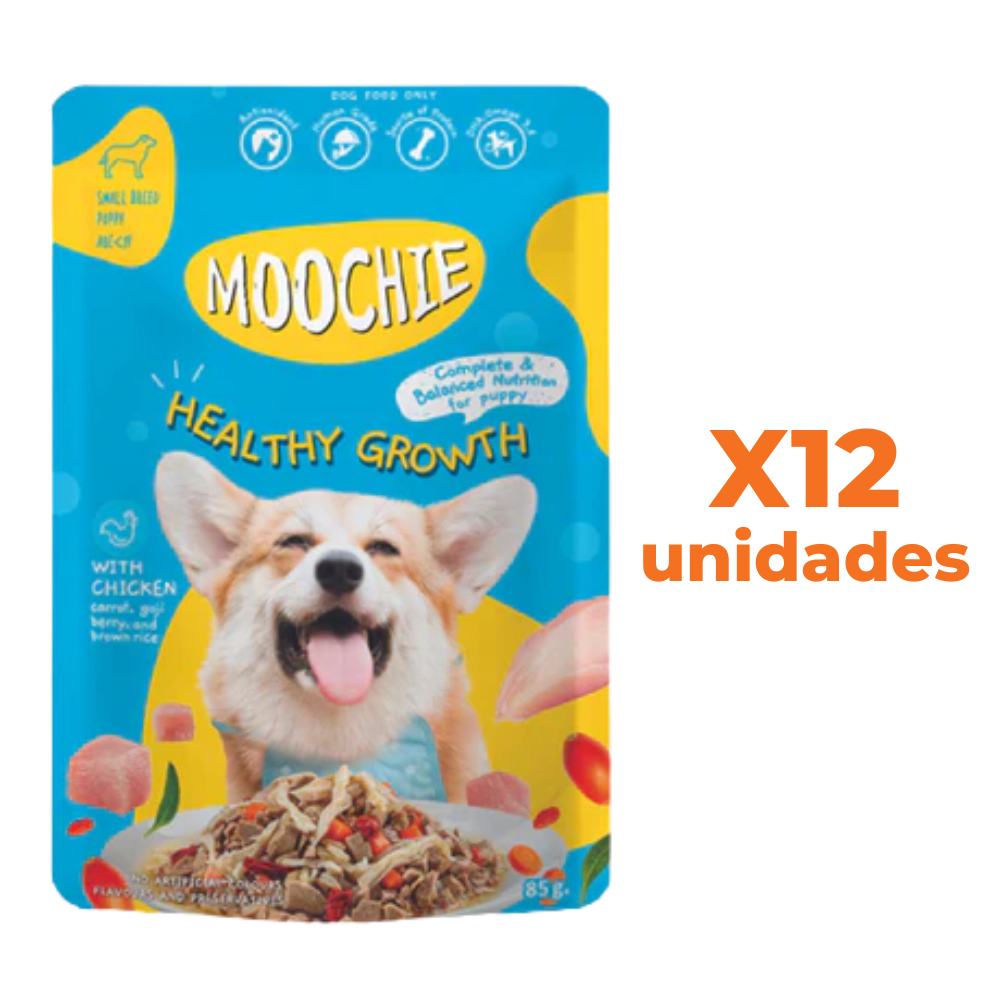 PACK 12 UNID. MOOCHIE SOBRE CACHORRO POLLO 85GRS HEALTHY GROWTH