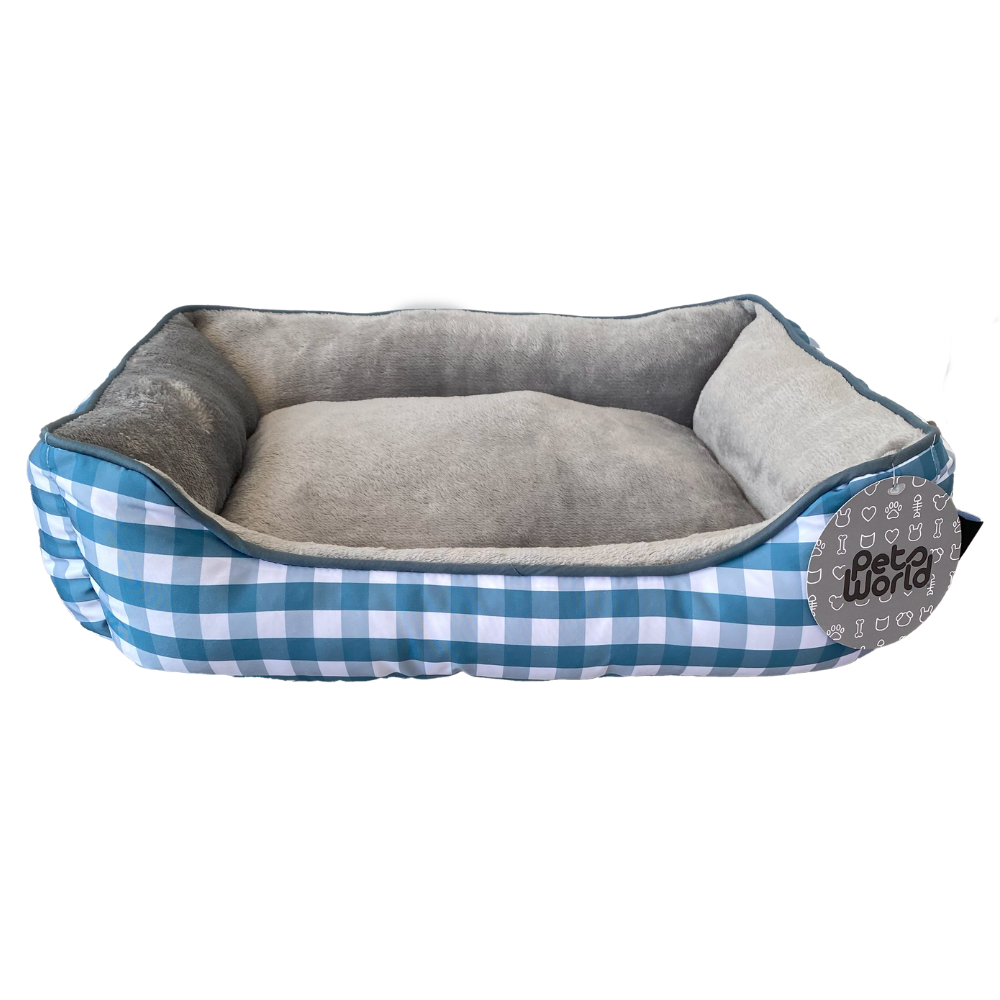 CAMA PARA MASCOTA RECTANGULAR DISEÑO CUADROS COLOR AZUL 50X40X15CM