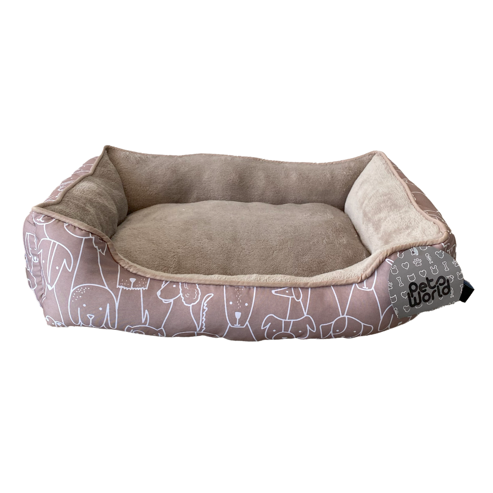 CAMA PARA MASCOTA RECTANGULAR DISEÑO PERRITOS COLOR CAFÉ CLARO 50x40x15CM