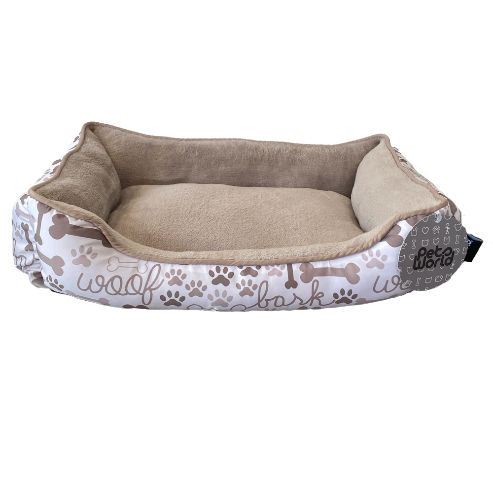 CAMA PARA MASCOTA RECTANGULAR DISEÑO PATITAS COLOR CAFÉ 50X40X15CM