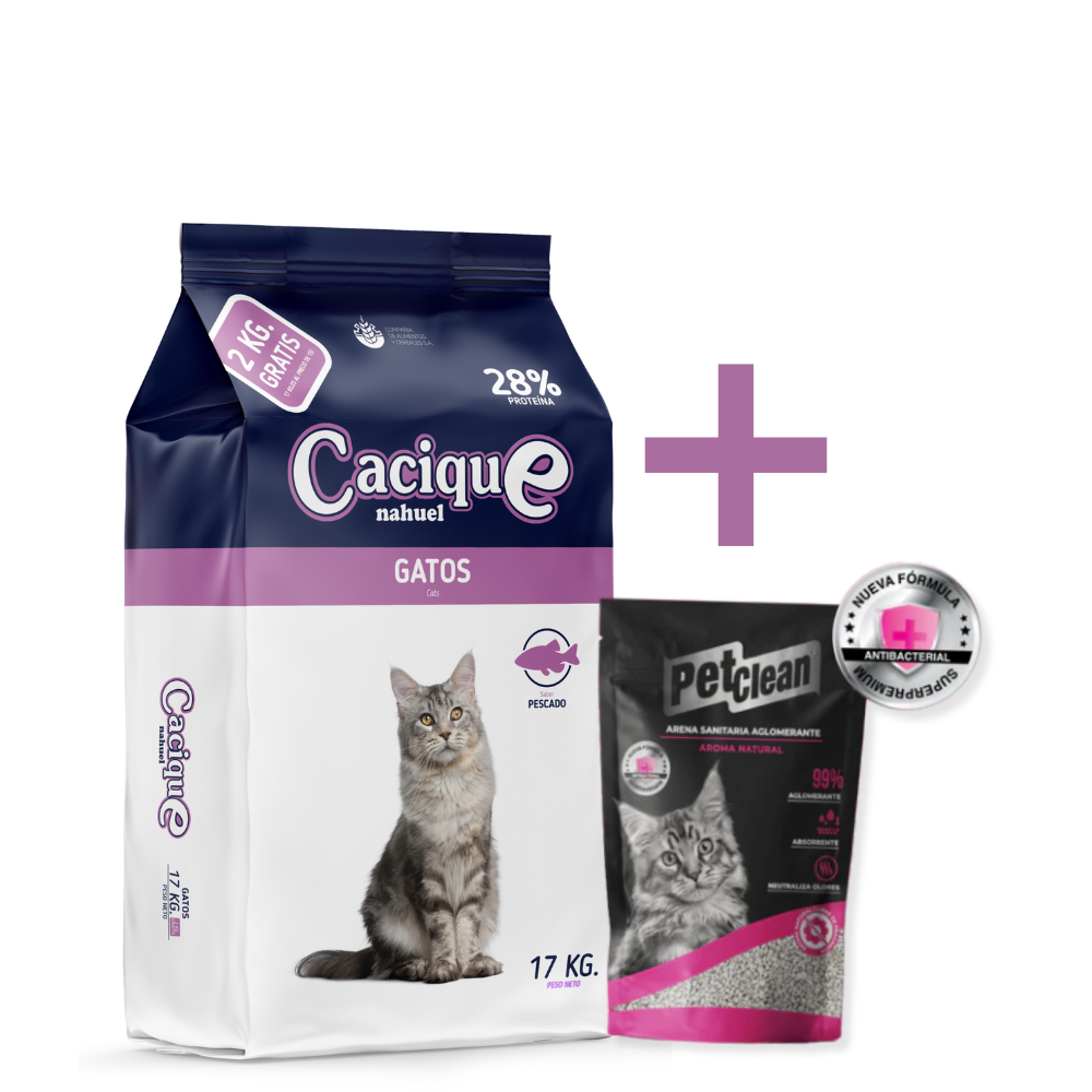CACIQUE ALIMENTO PARA GATO 17KG + ARENA NATURAL 2KG PETCLEAN