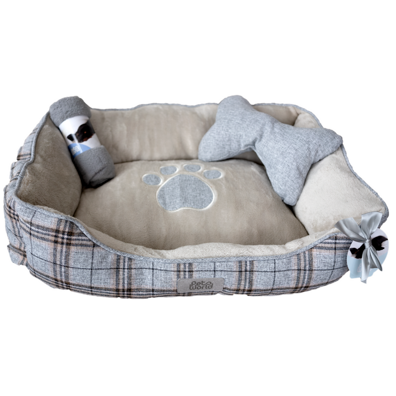 KIT CAMA MASCOTA RECTANGULAR CON MANTA Y COJIN