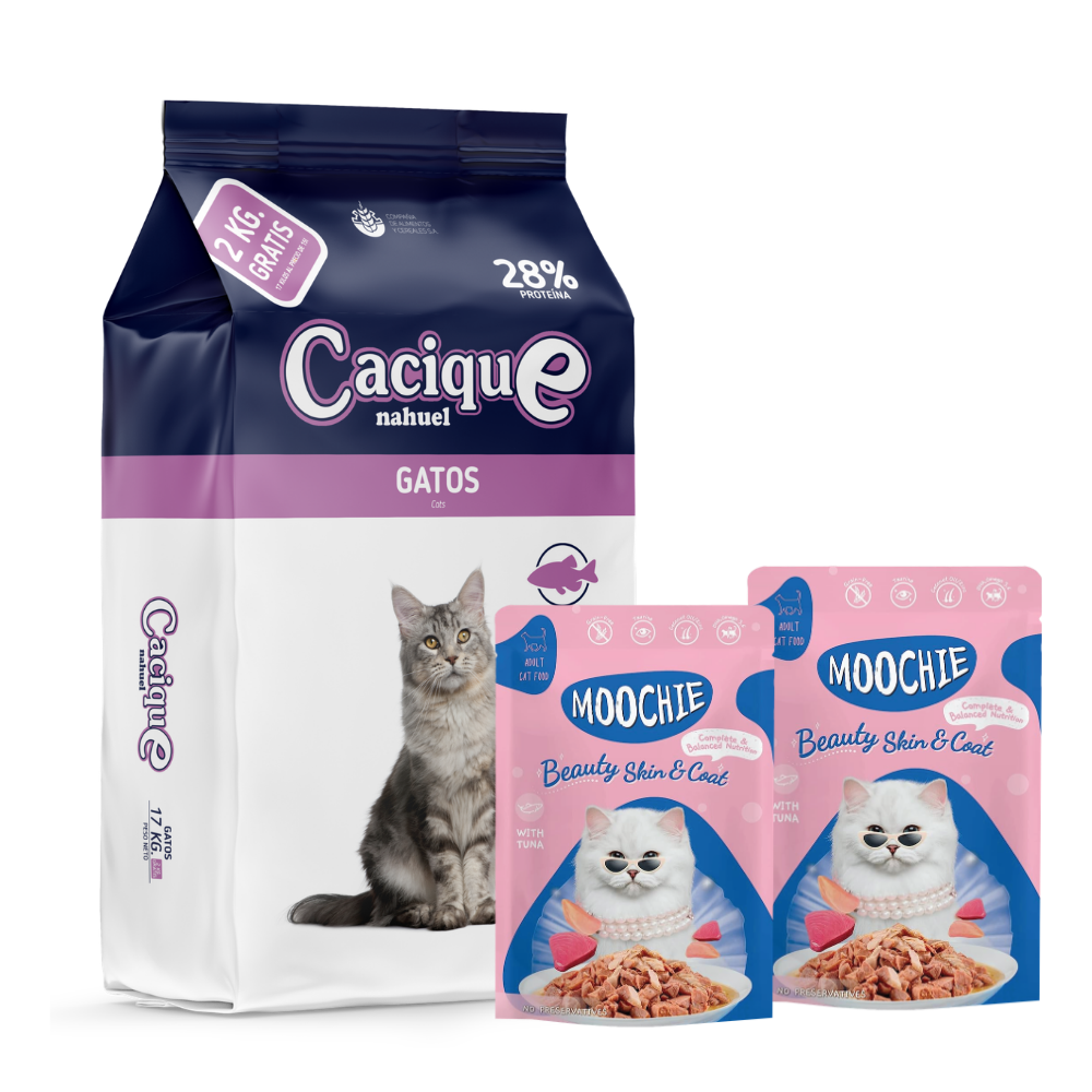 PACK CACIQUE GATO 17KG + 2 MOOCHIE SOBRE GATO BEAUTY SKIN 70 GR