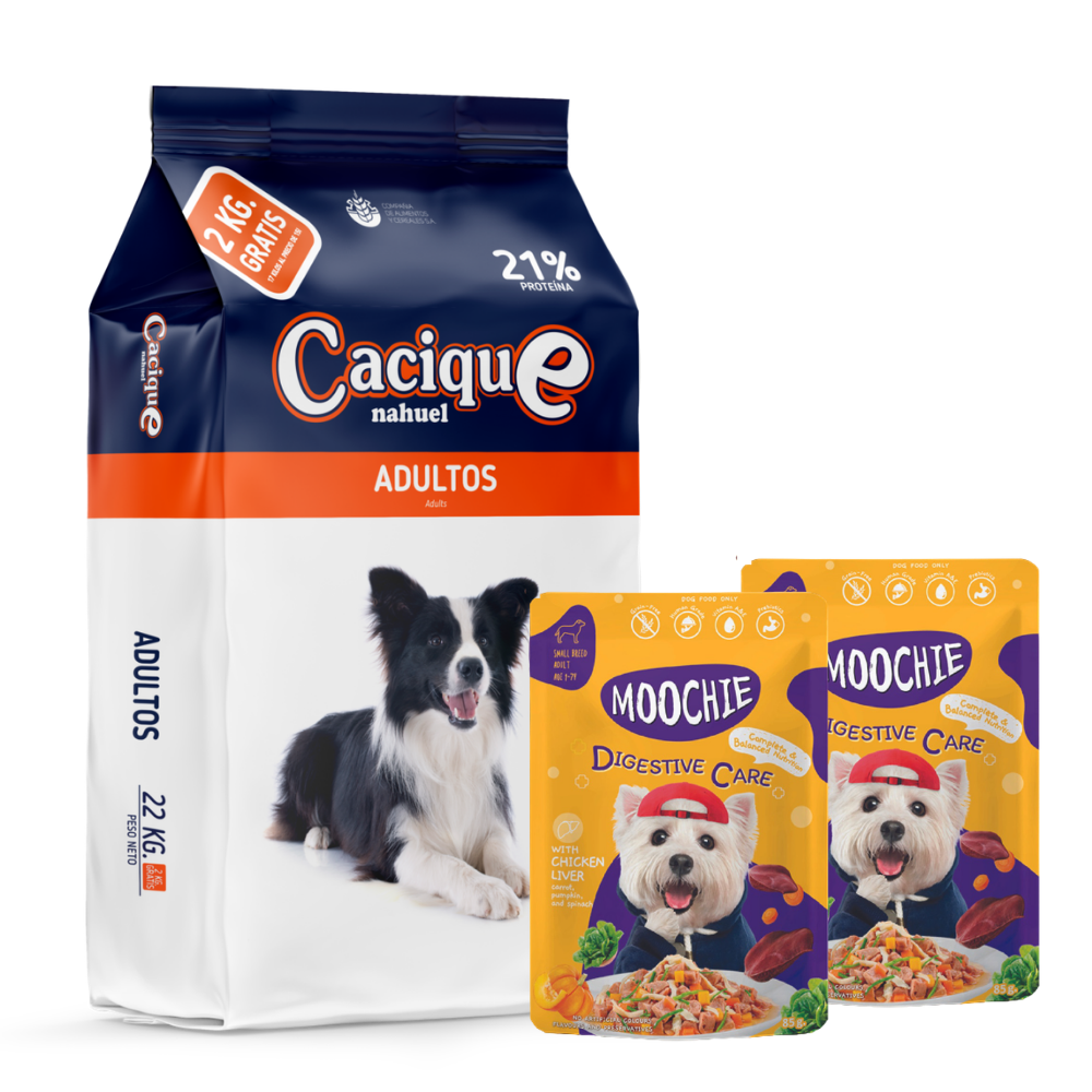 PACK CACIQUE PERRO ADULTO 22KG + 2 MOOCHIE SOBRE PERRO DIGESTIVE CARE 85GR