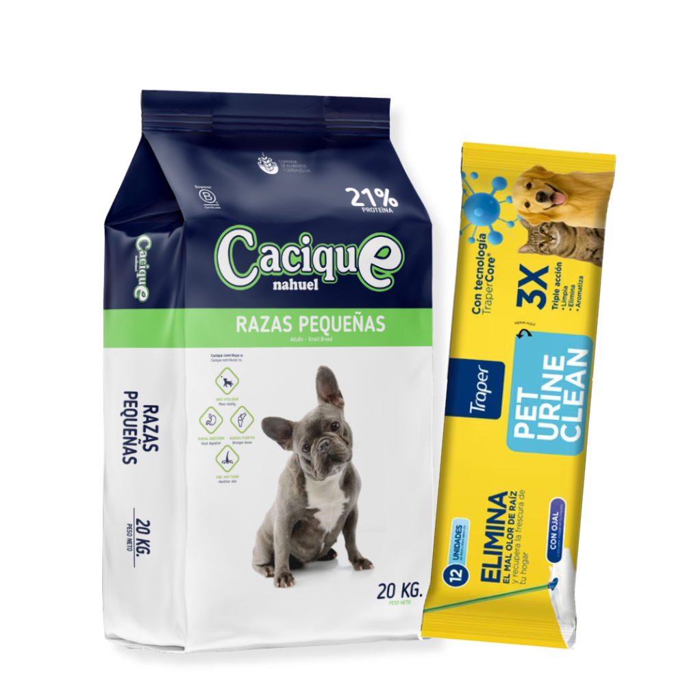 PACK CACIQUE PERRO ADULTO R. PEQUEÑAS 20KG + TRAPERO HÚMEDO TRAPER