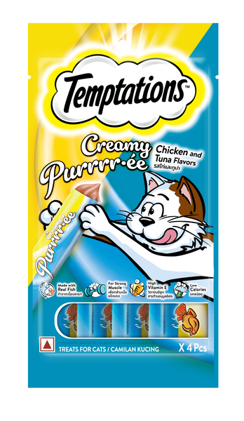 TEMPTATIONS SNACK CREMOSO GATO POLLO ATÚN 48GR