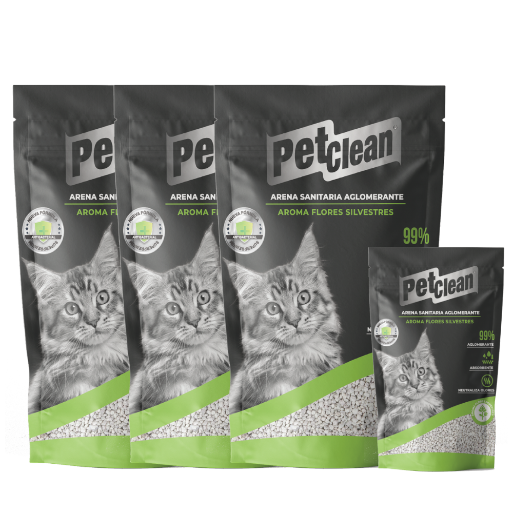 PACK 3 ARENAS PERFUMADAS 10KG + 1 ARENA PETCLEAN PERFUMADA 2KG