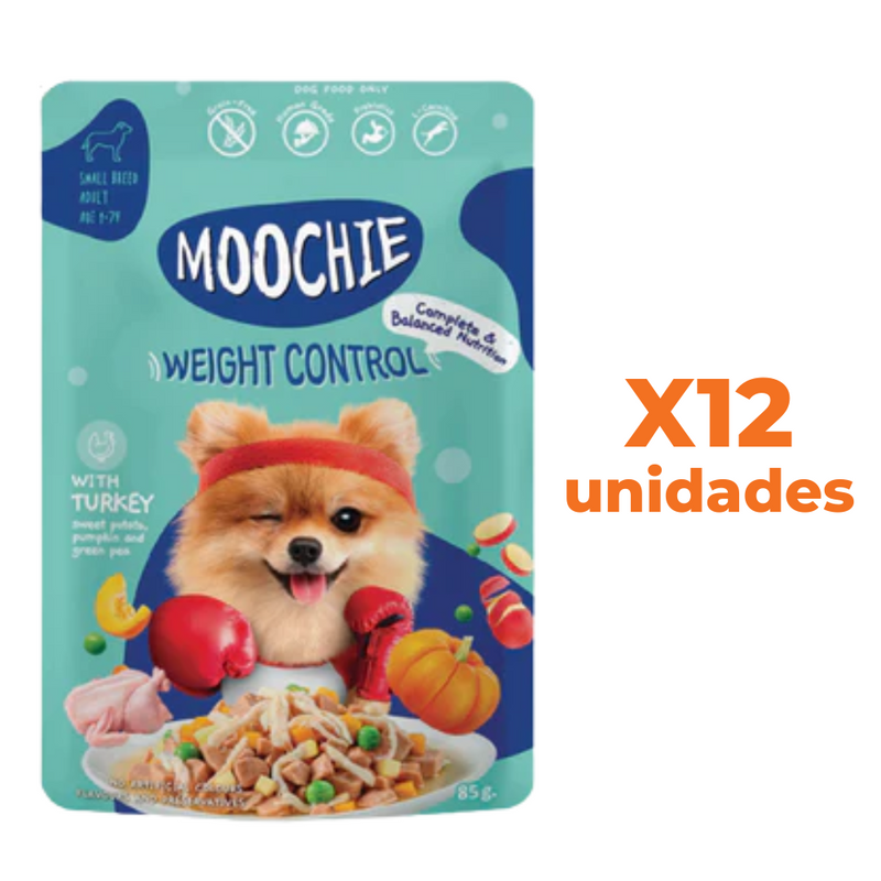 PACK 12 MOOCHIE SOBRE PERRO PAVO 85 GRS WEIGHT CONTROL
