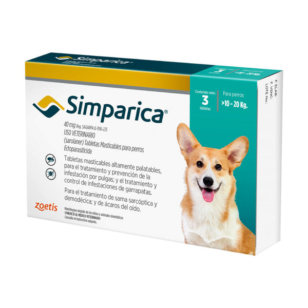 ANTIPARASITARIO SIMPARICA 40MG 10.1-20KG  X 3 COMPRIMIDOS