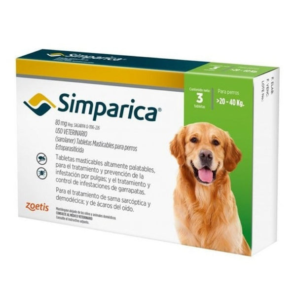 ANTIPARASITARIO SIMPARICA 80MG 20.1-40KG  X 3 COMPRIMIDOS